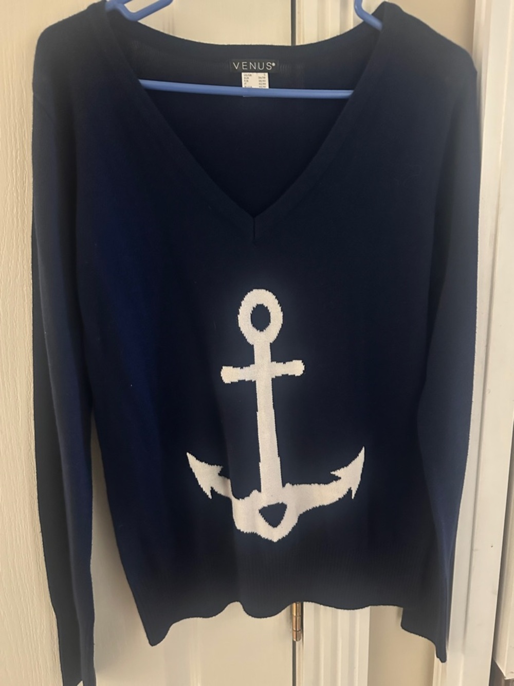 VENUS Navy Sweater with White Anchor Graphic V-Neck SMALL